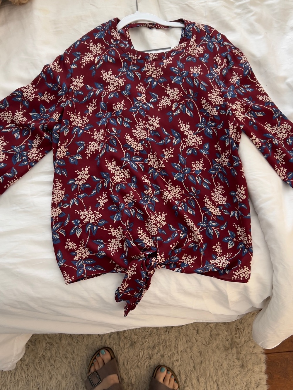 Madewell Floral Tie-Front Long Sleeve Top in Burgundy